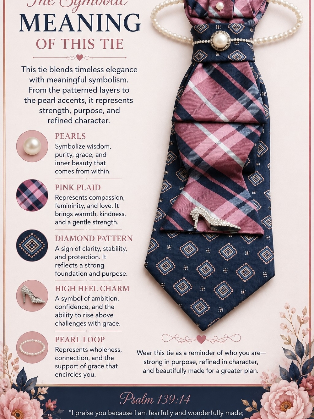 Pink & Navy Plaid Necklace Tie With Embellishments